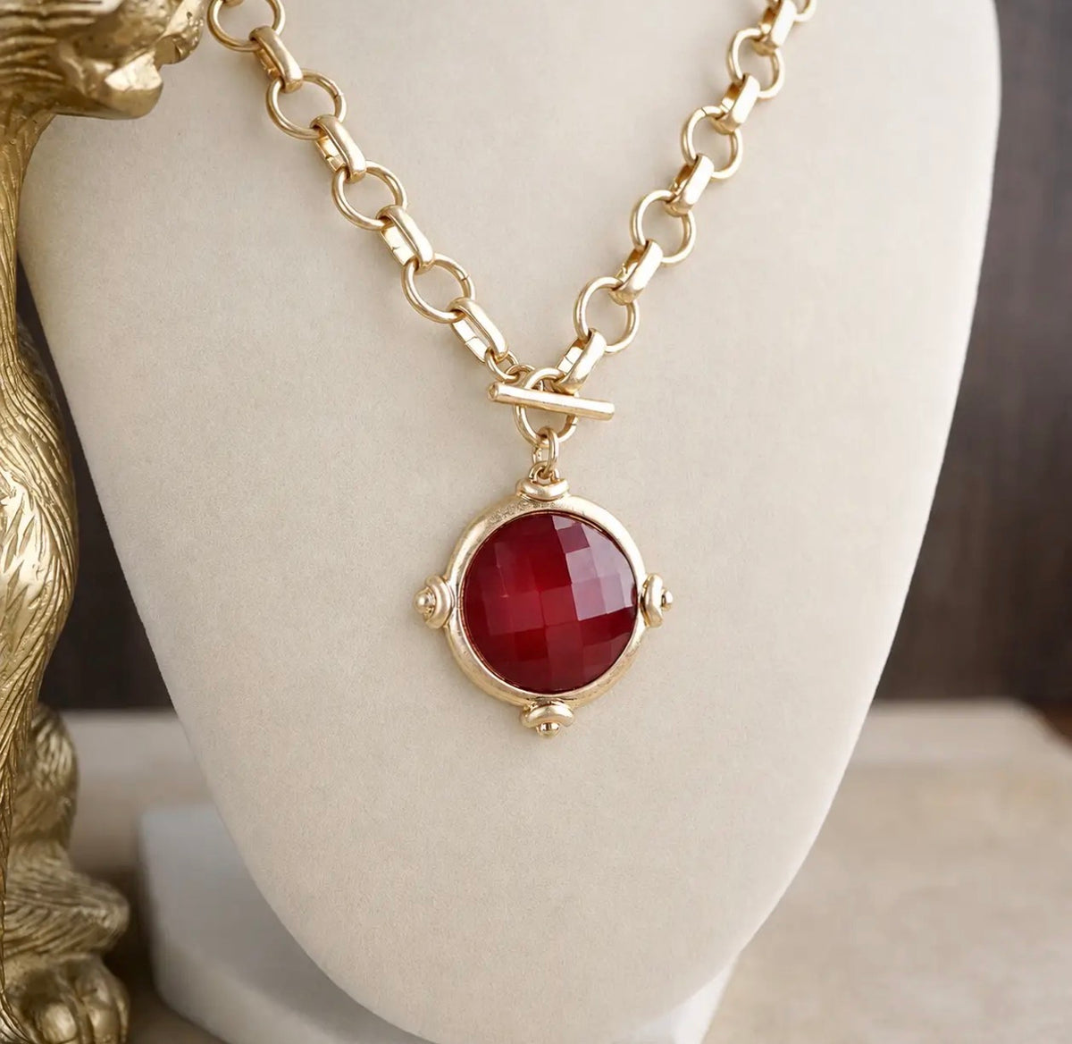 Gold Toggle Pendant Chain Necklace - Garnet Red