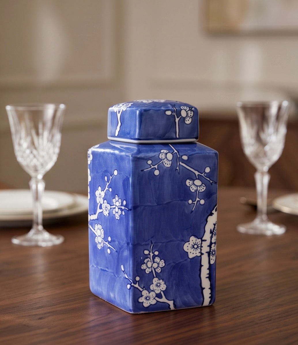 Hand Painted Porcelain Blue & White Cherry Blossom Jar