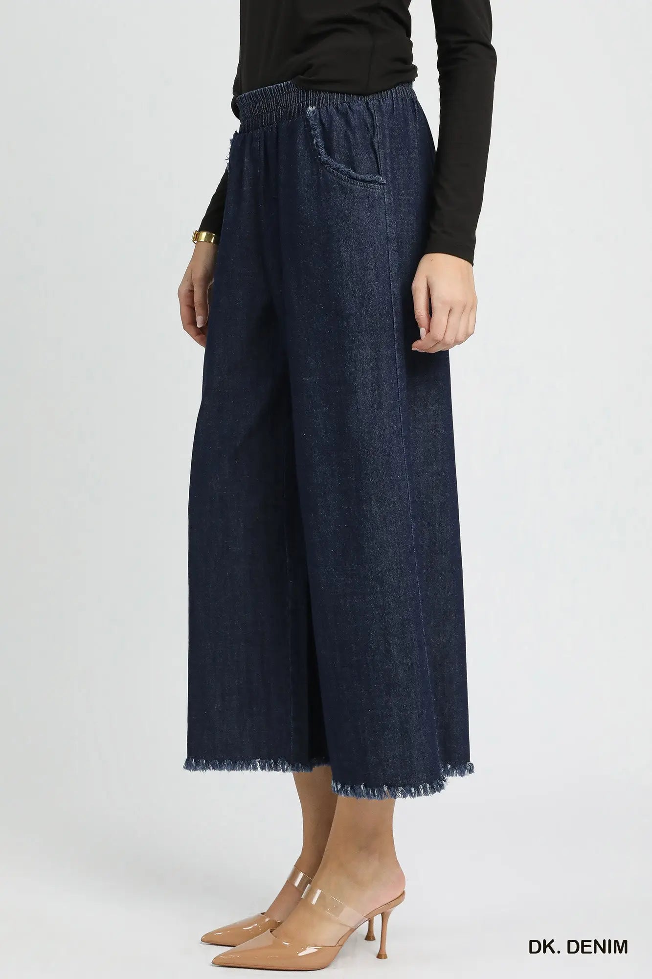 Umgee Washed Denim Pants with Fringed Hem (Misses and Plus Sizes Available)