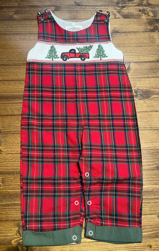 Lil Cactus Red Truck & Trees Smocked Overalls