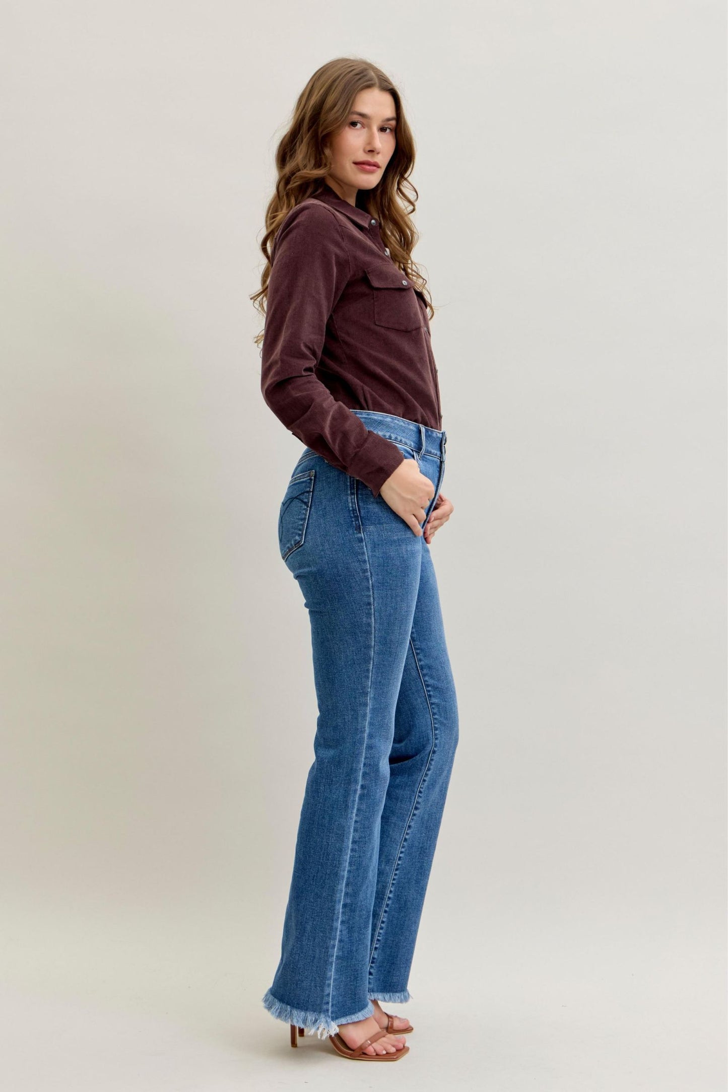 Judy Blue High Waist Bootcut Double Button WB & Frayed Hem