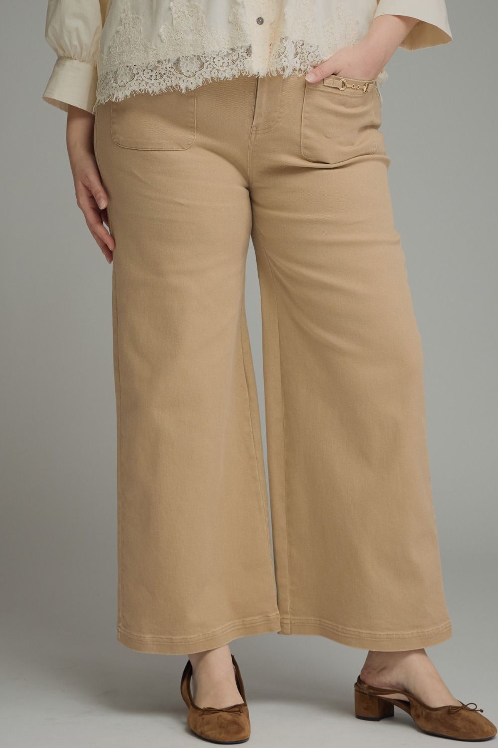 Entro Wide Leg Plus Size Pants with Horsebit Detail