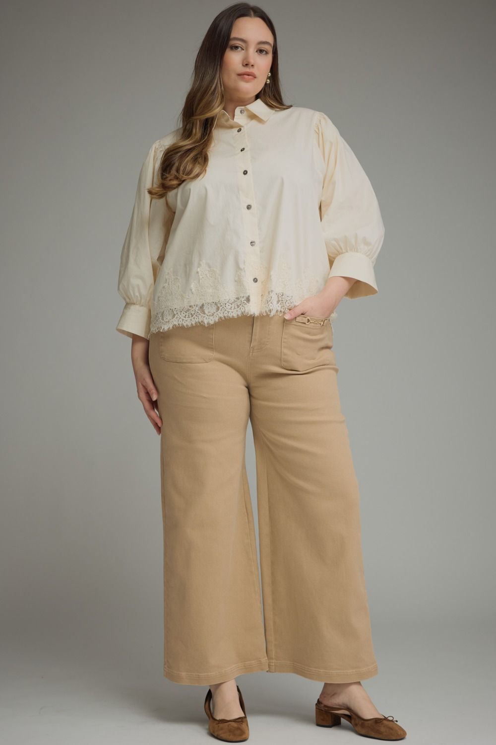 Entro Wide Leg Plus Size Pants with Horsebit Detail