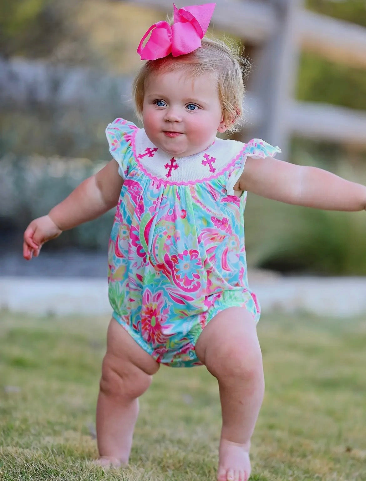 Rylee Faith Bright Embroidered Cross Romper