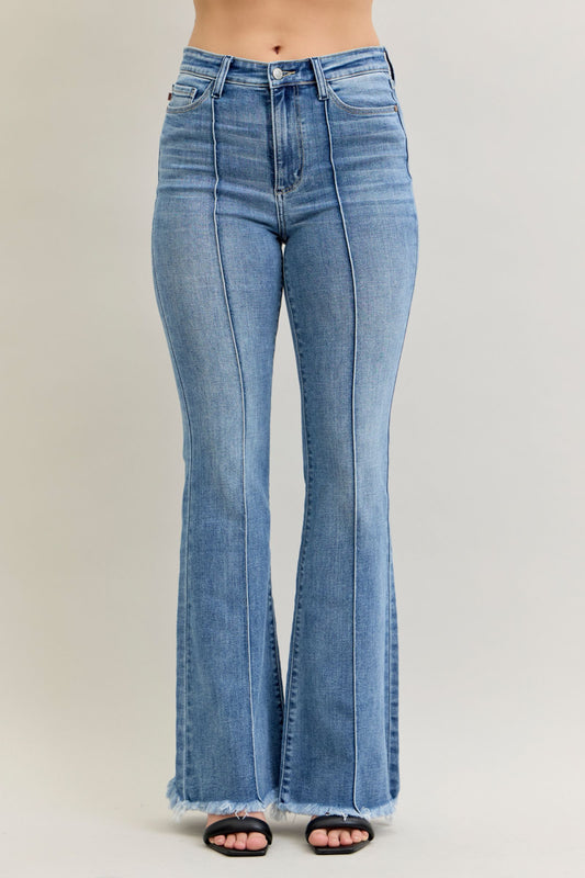 Judy Blue High Waist Flare Front Pintuck Detail & Fray Hem