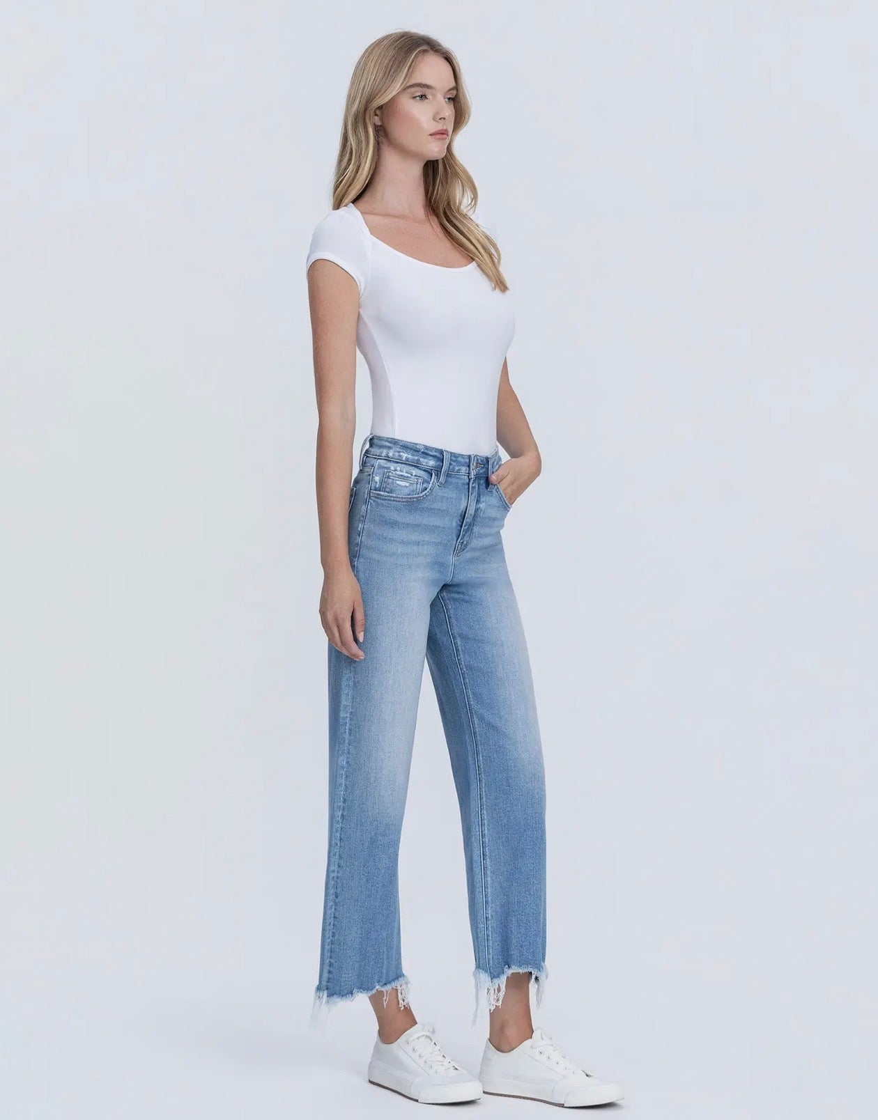 Flying Monkey High Rise Distressed Hem Crop Slim Wide Jeans