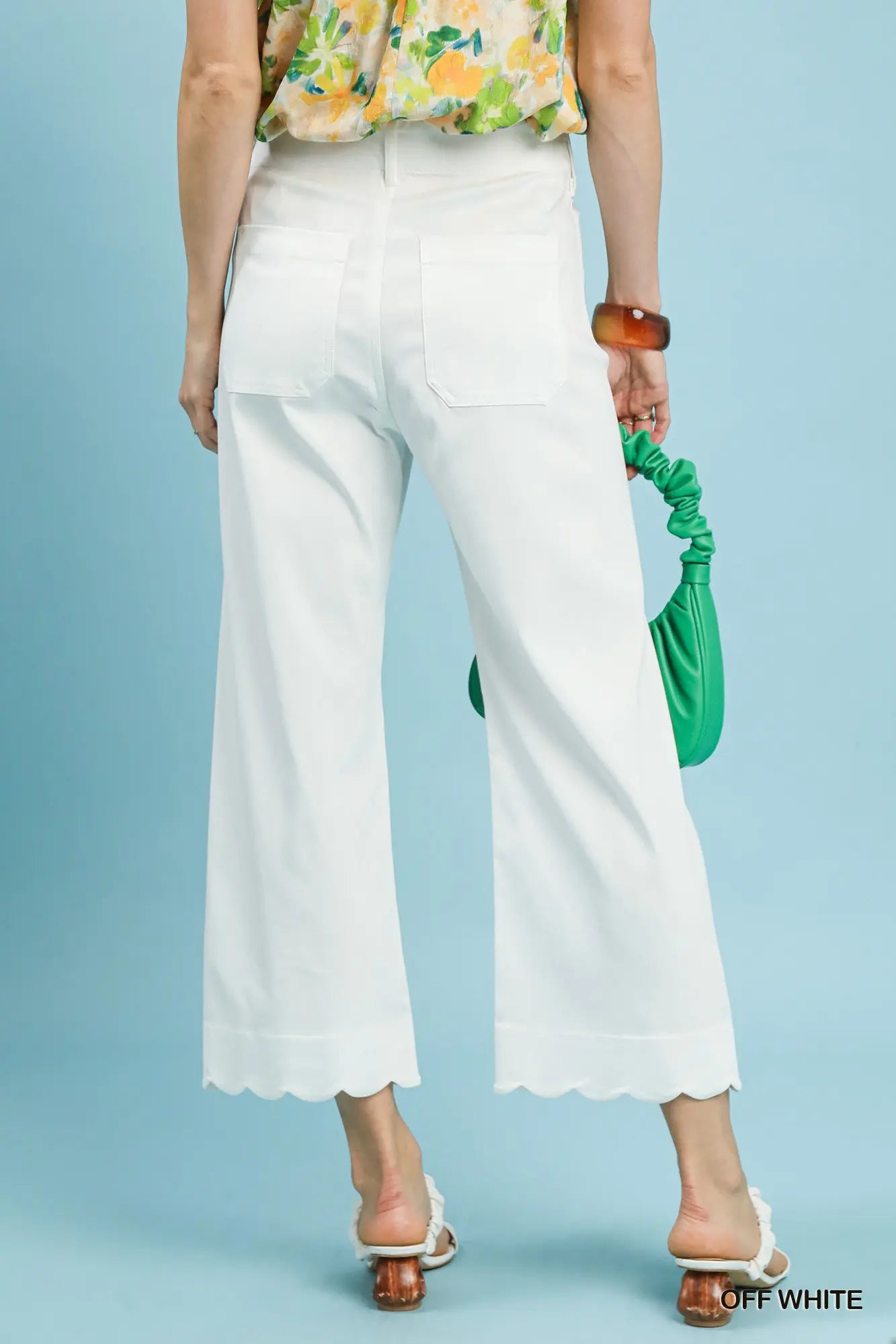 Umgee Scallop Hem Wide Leg Off White Pants