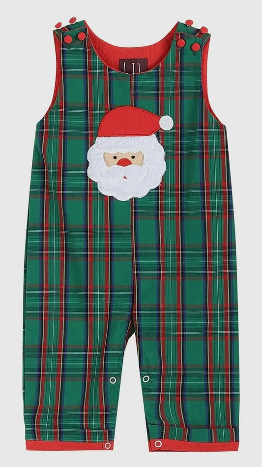 Lil Cactus Boys Green Plaid Santa Overalls