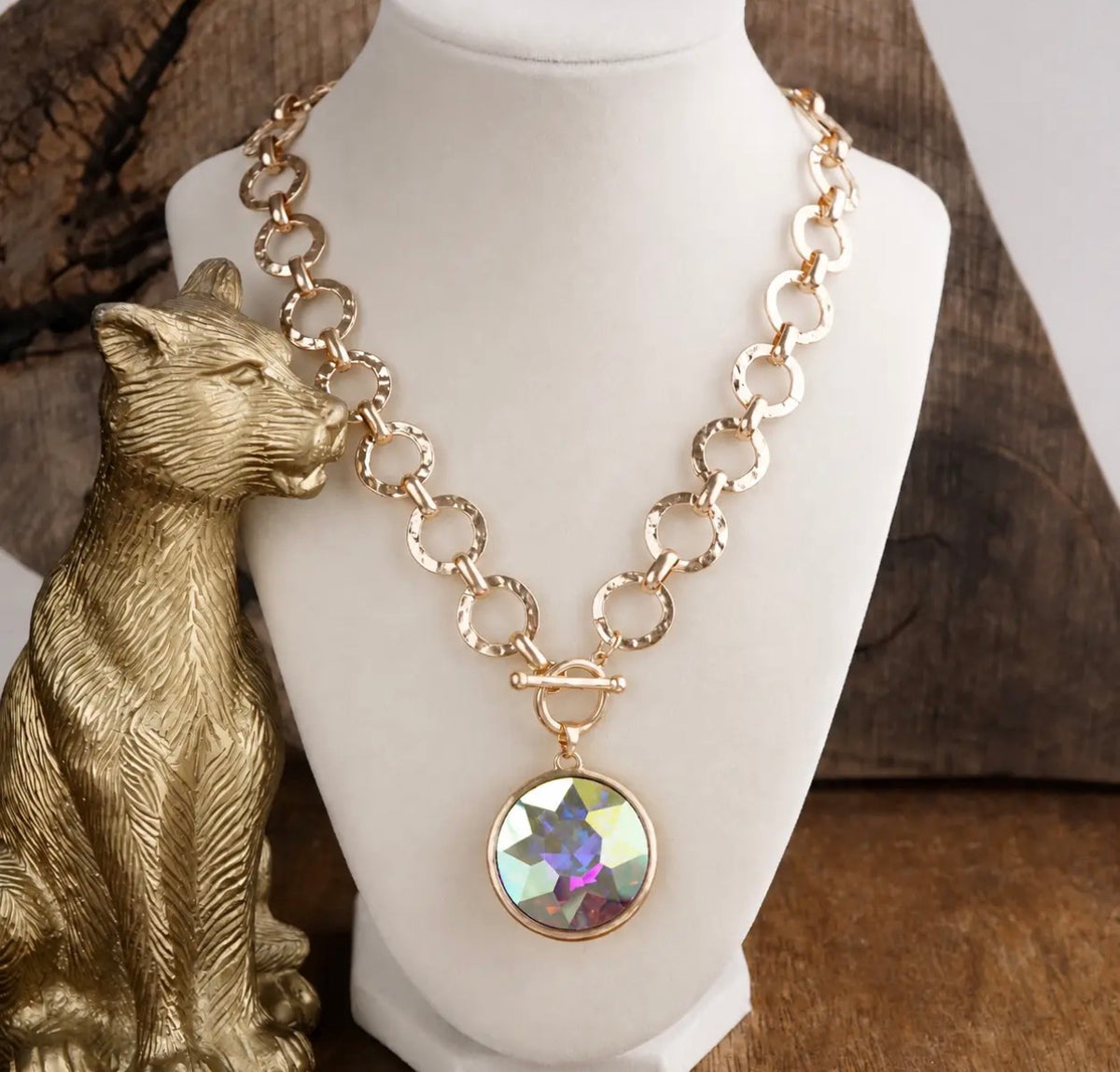 Gilded Radiance - Chunky Ring Chain Necklace with AB Rainbow Sparkly Crystal