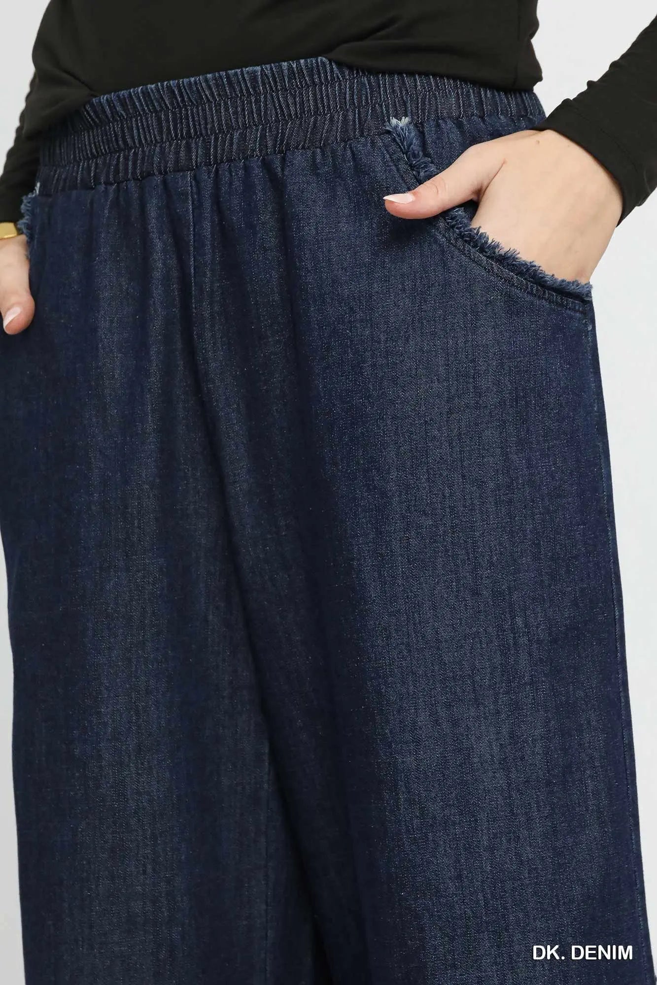 Umgee Washed Denim Pants with Fringed Hem (Misses and Plus Sizes Available)