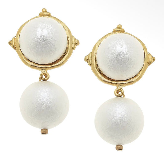 Susan Shaw Gold Cotton Pearl Cab with Cotton Pearl Drop Earrings