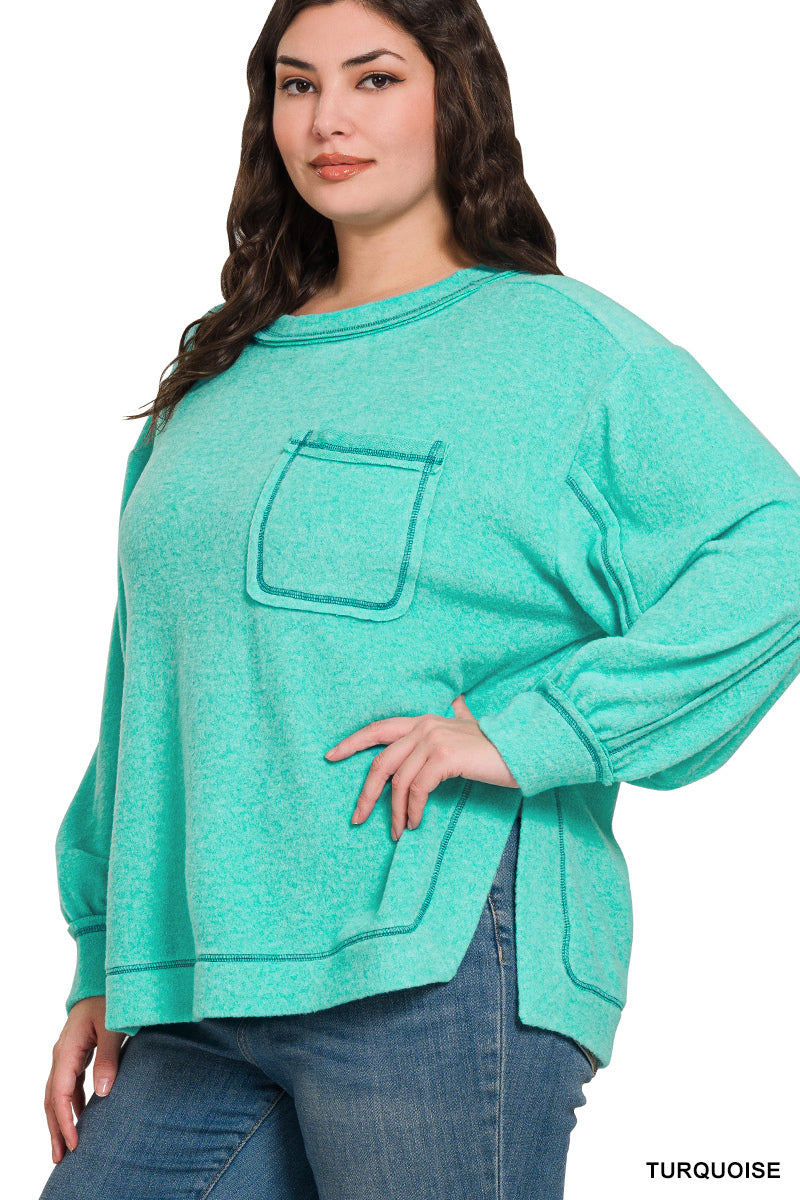Zenana Hi-Low Brushed Hacci Round Neck Sweater