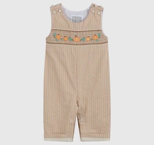 Lil Cactus Light Brown PinStripe Pumpkin Smocked Overalls