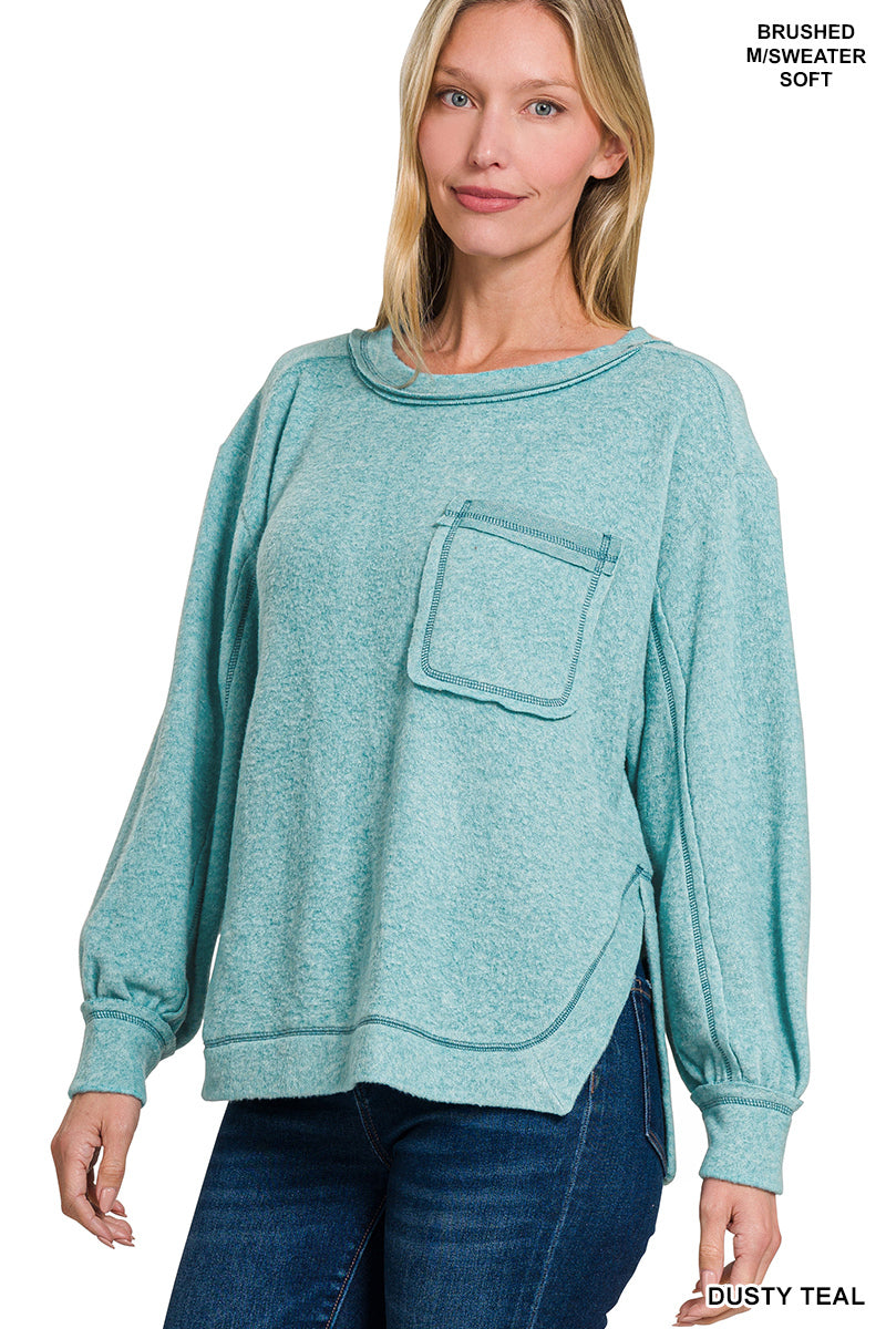 Zenana Hi-Low Brushed Hacci Round Neck Sweater