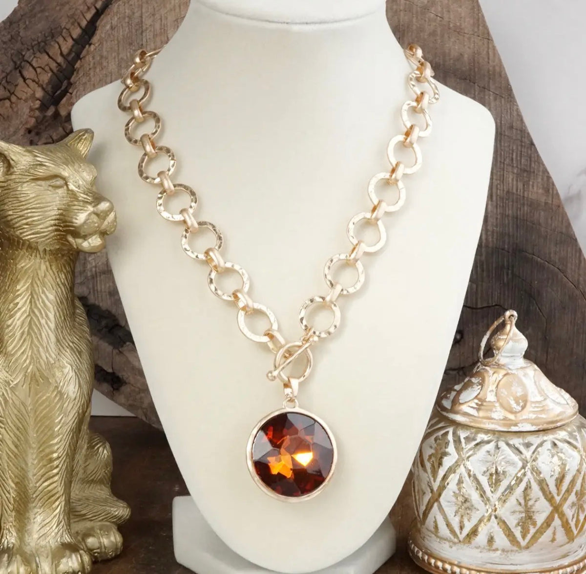Gilded Radiance - Chunky Ring Chain Necklace with Brown Sparkly Crystal