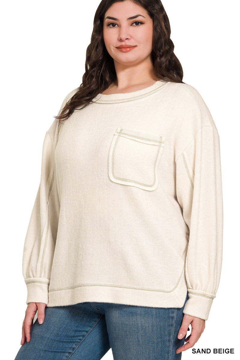 Zenana Hi-Low Brushed Hacci Round Neck Sweater