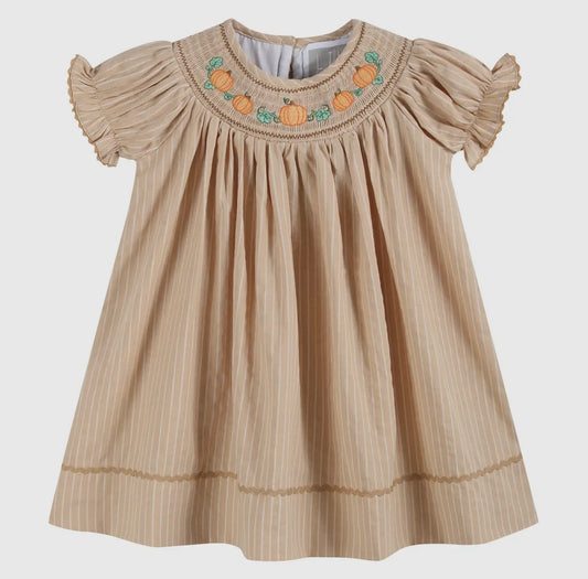Lil Cactus Light Brown Pinstripe Smocked Pumpkin Bishop Dress