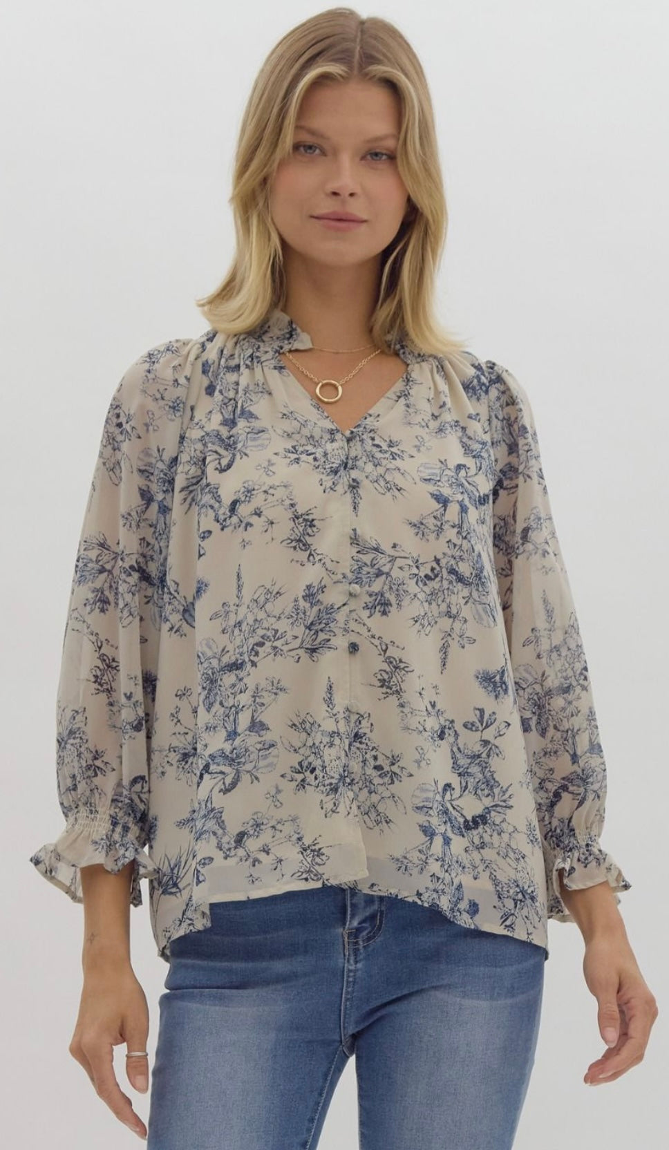 Clara Taupe and Blue Floral Top