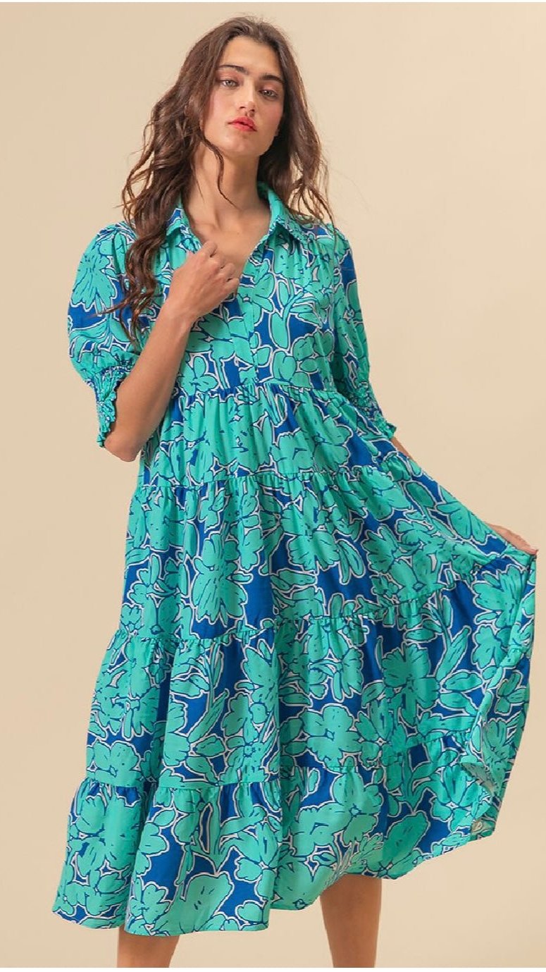 Leslie Mint & Blue Printed Tiered Dress