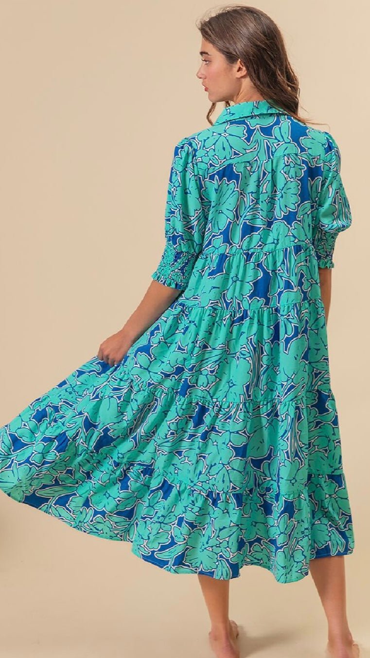 Leslie Mint & Blue Printed Tiered Dress