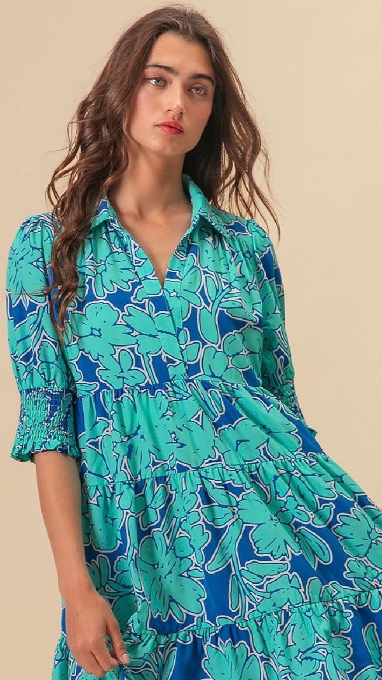 Leslie Mint & Blue Printed Tiered Dress