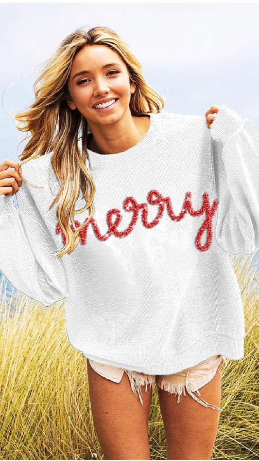 Merry Tinsel Metallic Lettering Pullover