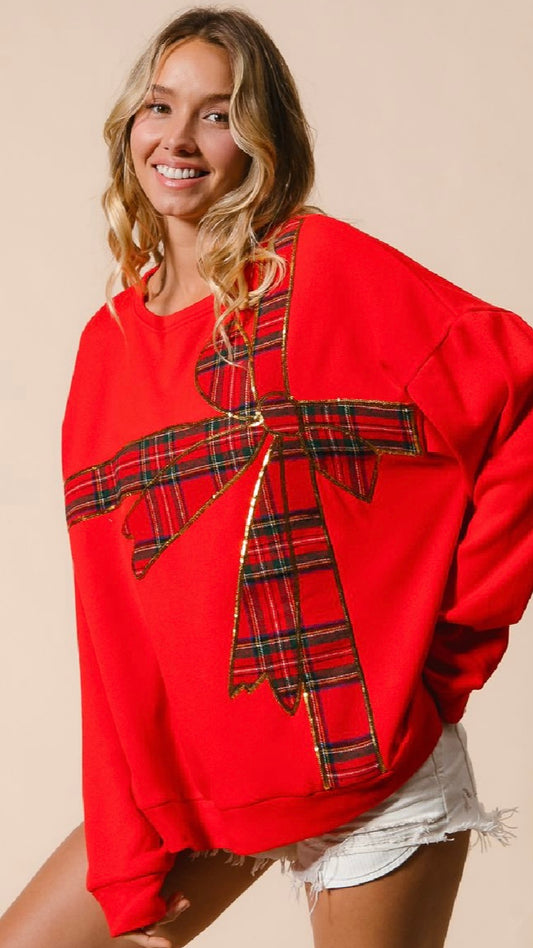 Plaid Ribbon Bow Christmas Pullover