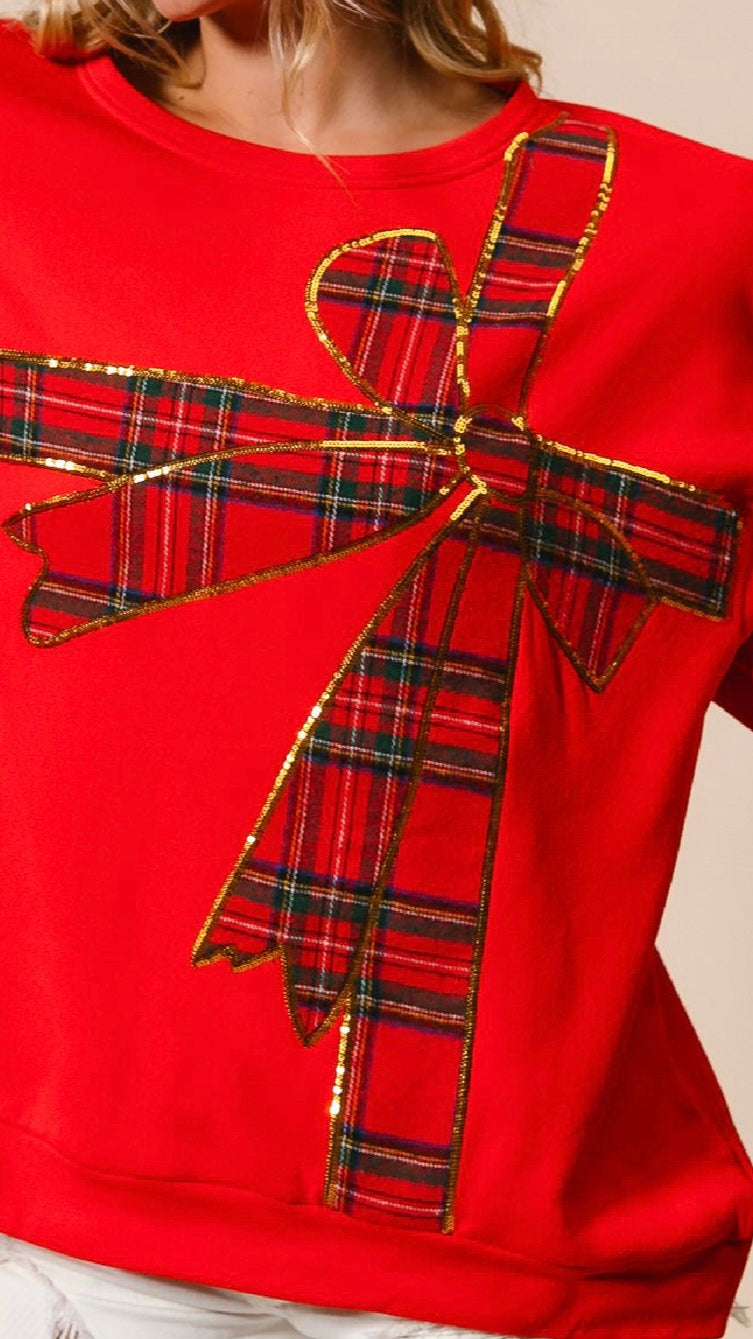 Plaid Ribbon Bow Christmas Pullover