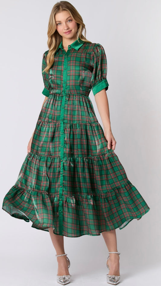 Christmas Plaid Silky Midi Dress