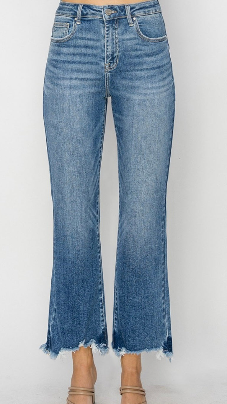 Risen High Rise-Crop Flare-Fray Hem Jeans