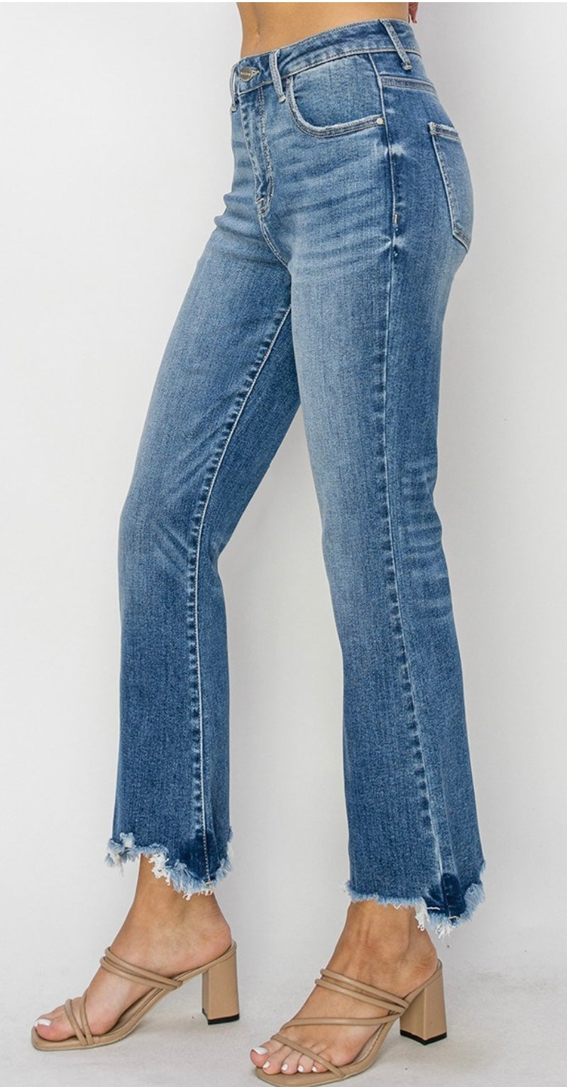 Risen High Rise-Crop Flare-Fray Hem Jeans