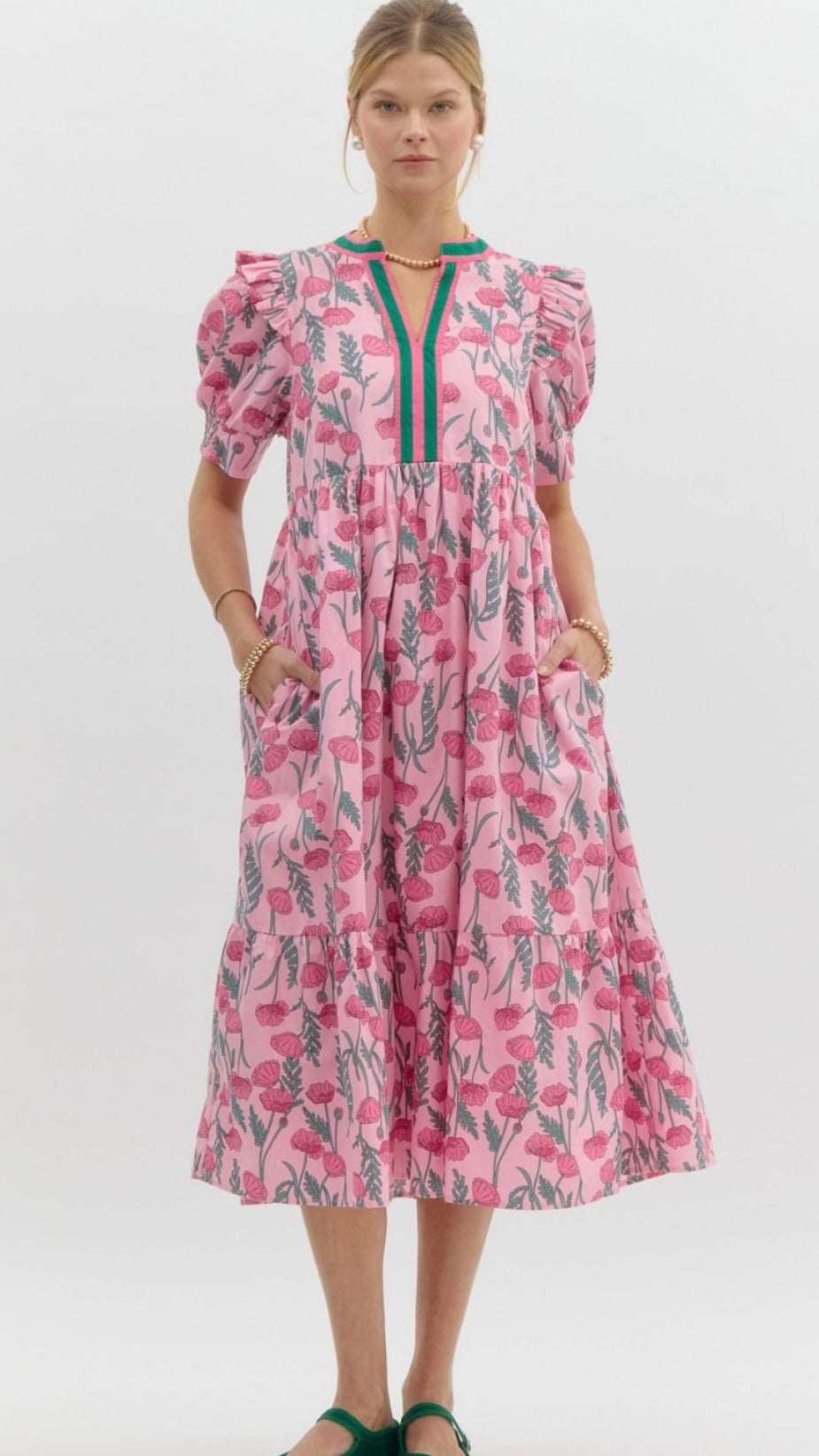 Jolie Pink Floral Print Midi Dress