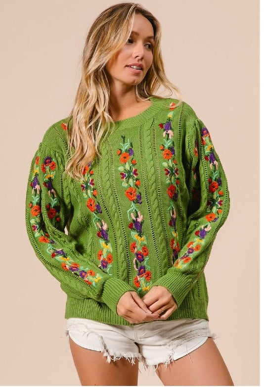 Lindy Olive Green Flower Sweater