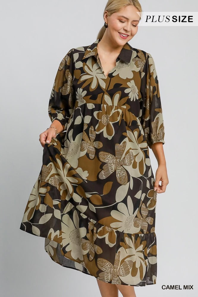 Fall Harvest Brown Floral Plus Size Dress