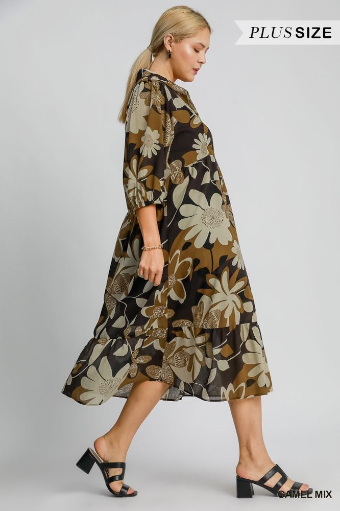 Fall Harvest Brown Floral Plus Size Dress