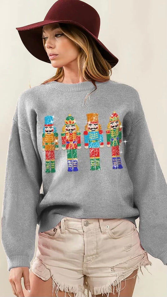 Sequin Nutcrackers Grey Christmas Sweater