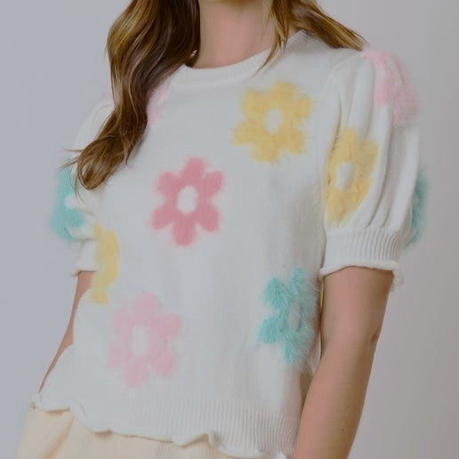 Oh So Soft Floral Embroidery Short Sleeve Sweater