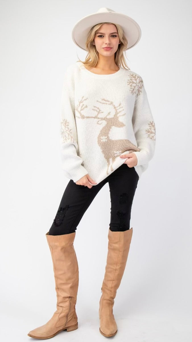 Reindeer Pattern Ivory Christmas Sweater