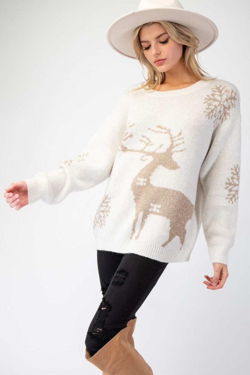 Reindeer Pattern Ivory Christmas Sweater