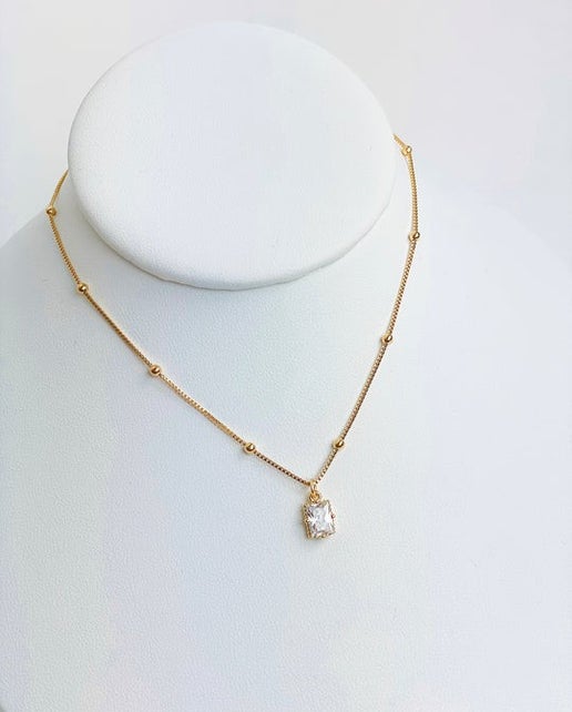 Gold Chain Necklace with Clear Square Stone