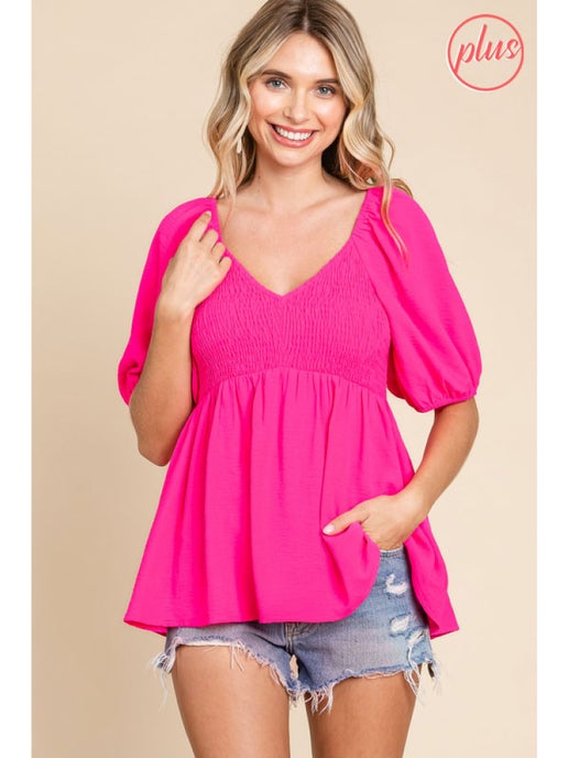 Smocked Baby Doll V-Neck Plus Size Top