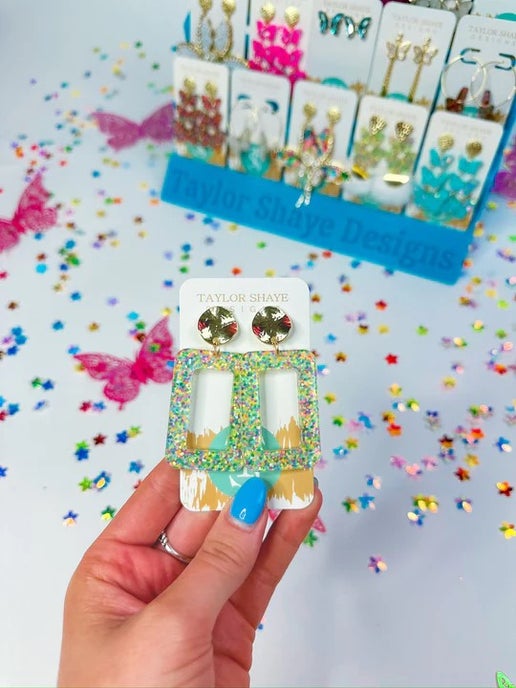 Rainbow Star Confetti Rectangle Earrings