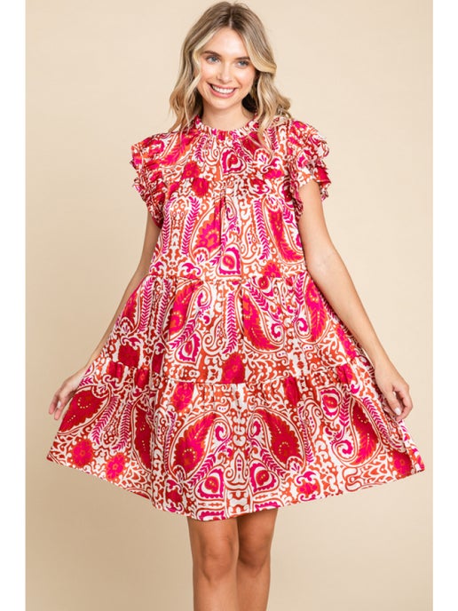 Rust and Pink Tiered Knee Length Dress