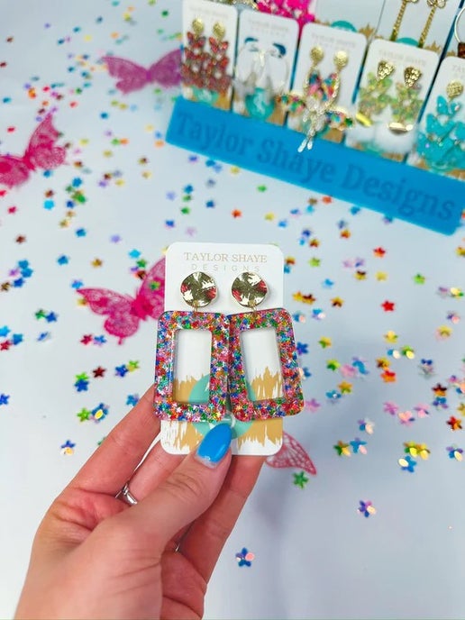 Rainbow Star Confetti Rectangle Earrings