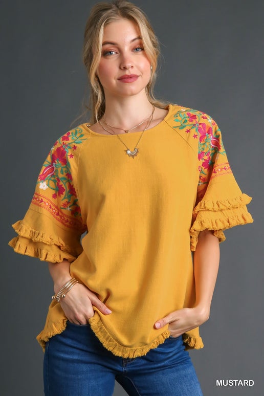 Living In Linen Embroidered Sleeve Top