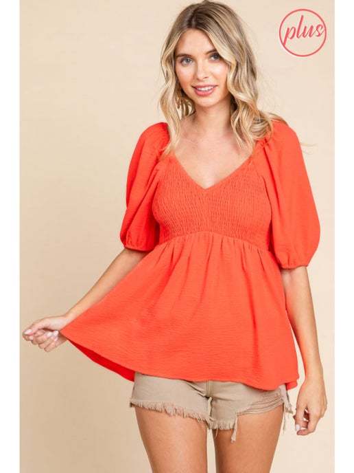 Smocked Baby Doll V-Neck Plus Size Top