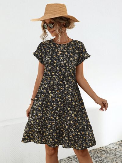 Frill Floral Round Neck Short Sleeve Tiered Dress